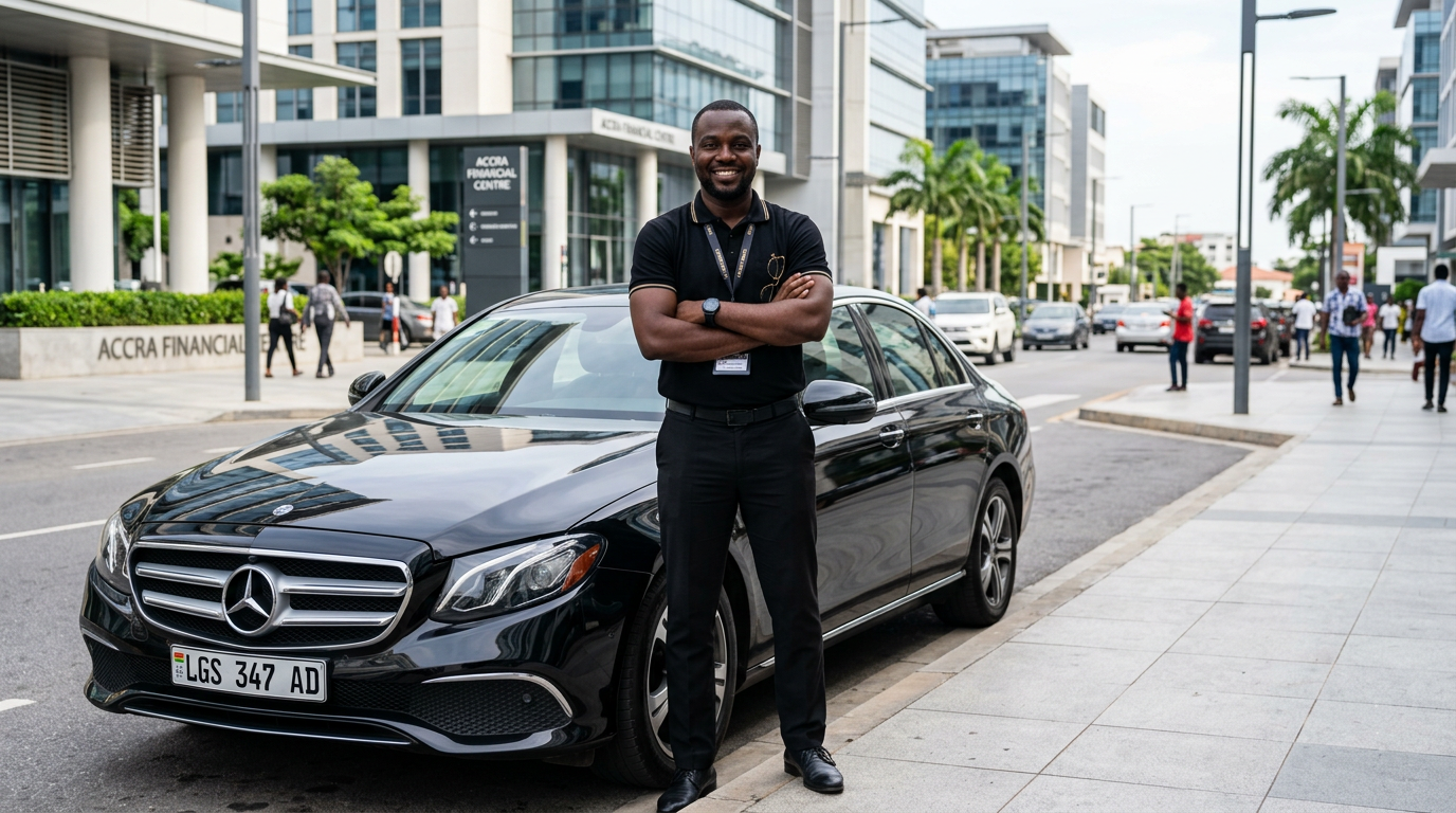 Chauffeur partenaire E-Drive souriant à côté de son véhicule
