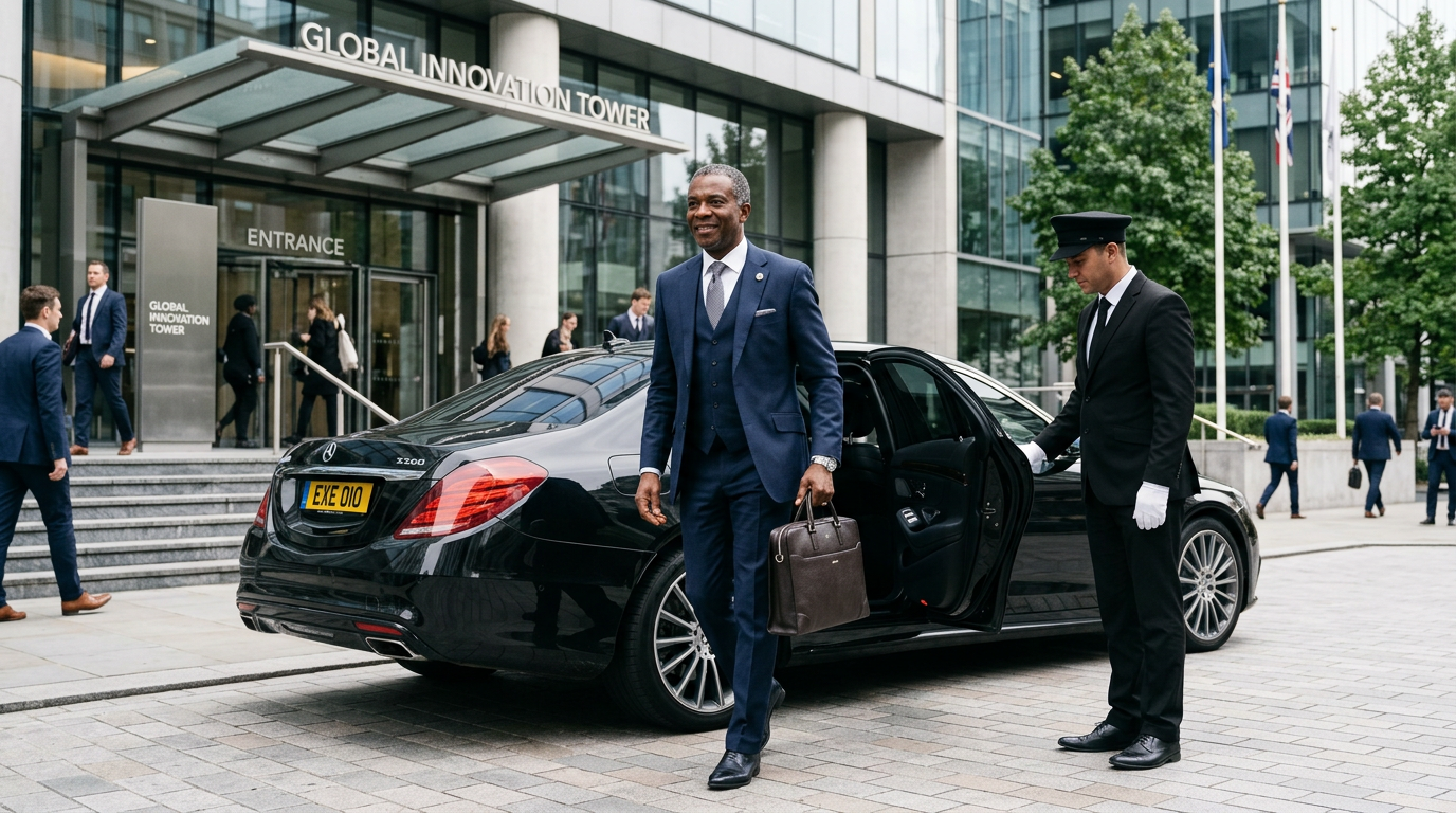 Dirigeant d'entreprise sortant d'un véhicule avec chauffeur professionnel