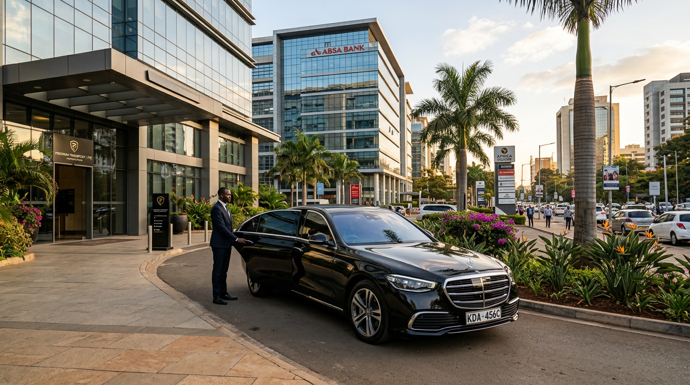 Véhicule avec chauffeur attendant devant un immeuble de bureaux à Cotonou