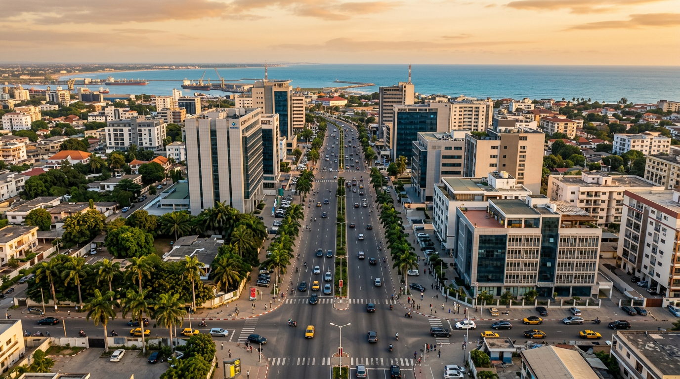 Vue aérienne de Cotonou avec véhicules en circulation