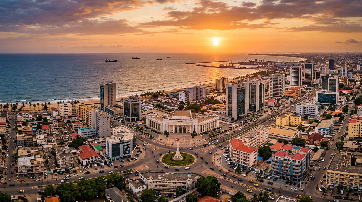 Vue panoramique de Cotonou avec le logo E-Drive en surimpression