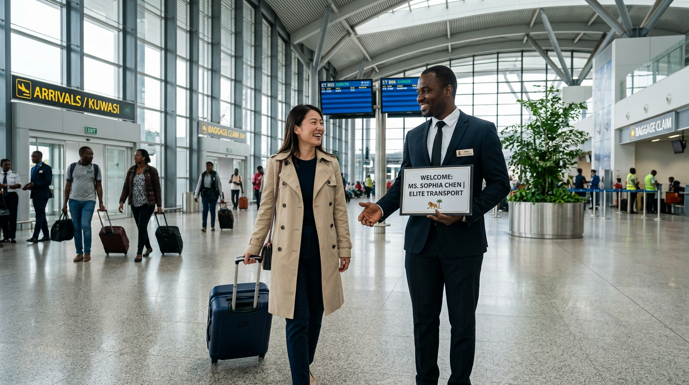 Chauffeur accueillant un voyageur à l'aéroport de Cotonou
