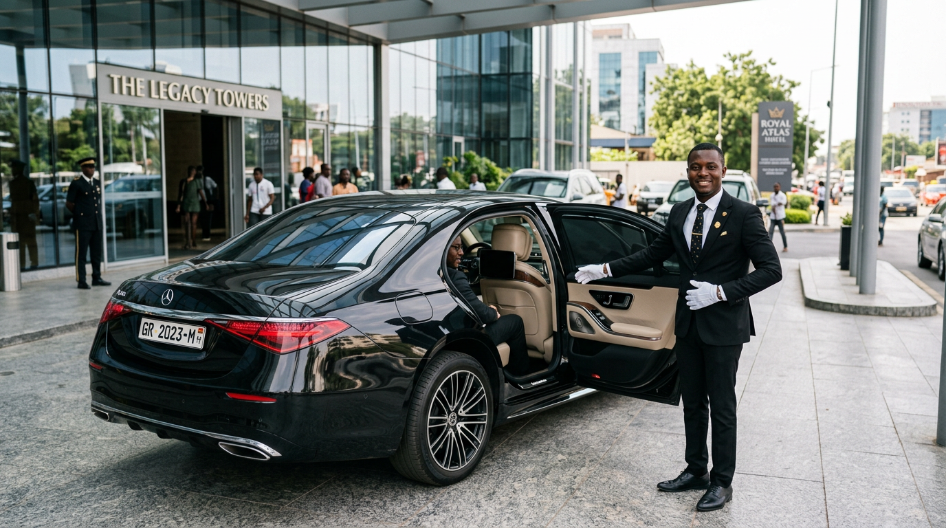Chauffeur professionnel ouvrant la portière d'un véhicule E-Confort à Cotonou